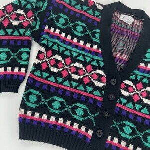 Cardigan Sweater Colorful Geometric Acrylic V Neck Button Up 80s 90s Size Medium